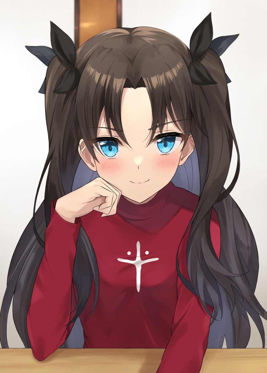1girl arm_rest arm_support black_hair black_ribbon blue_eyes blush commentary fate/stay_night fate_(series) highres looking_at_viewer medium_hair red_sweater ribbon smile solo sweater table tohsaka_rin turtleneck turtleneck_sweater yuyuenimo