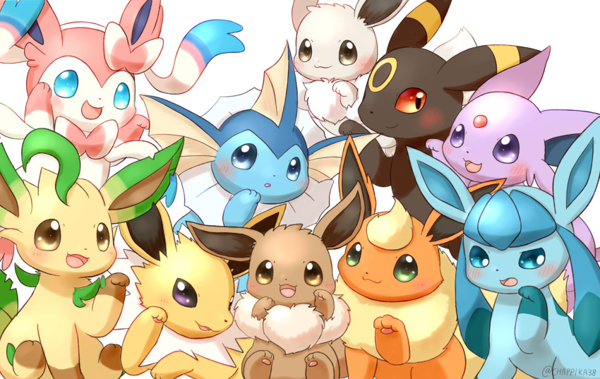 blue_eyes blush brown_eyes closed_mouth commentary_request eevee espeon flareon glaceon highres jolteon leafeon looking_at_viewer mimix no_humans open_mouth pikachu pokemon pokemon_(creature) simple_background smile sylveon umbreon vaporeon white_background