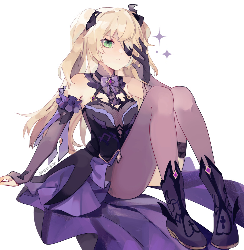 1girl absurdres asymmetrical_legwear black_eyepatch blonde_hair boots bow bowtie closed_mouth commentary dress elbow_gloves eyepatch fischl_(genshin_impact) full_body genshin_impact gloves green_eyes hand_up highres looking_at_viewer one_eye_covered pantyhose purple_bow purple_bowtie purple_dress purple_footwear purple_gloves purple_legwear rippajun simple_background sitting sleeveless sleeveless_dress solo sparkle thigh-highs two_side_up white_background