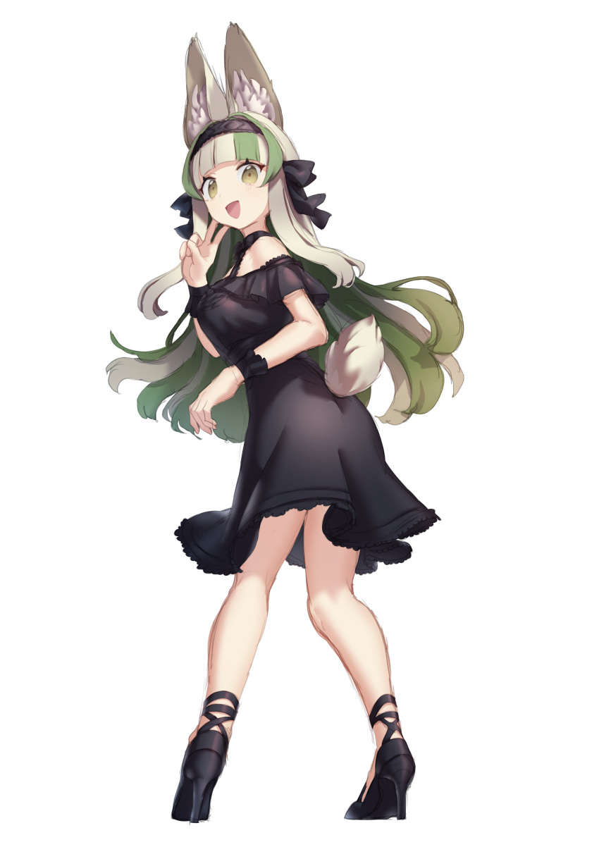 1girl :d absurdres animal_ears bangs black_dress black_footwear black_hairband blunt_bangs dress from_behind full_body green_hair hairband high_heels highres looking_at_viewer looking_back multicolored_hair okame_nin original rabbit_ears rabbit_tail shoes simple_background smile solo streaked_hair tail v white_background wristband yellow_eyes