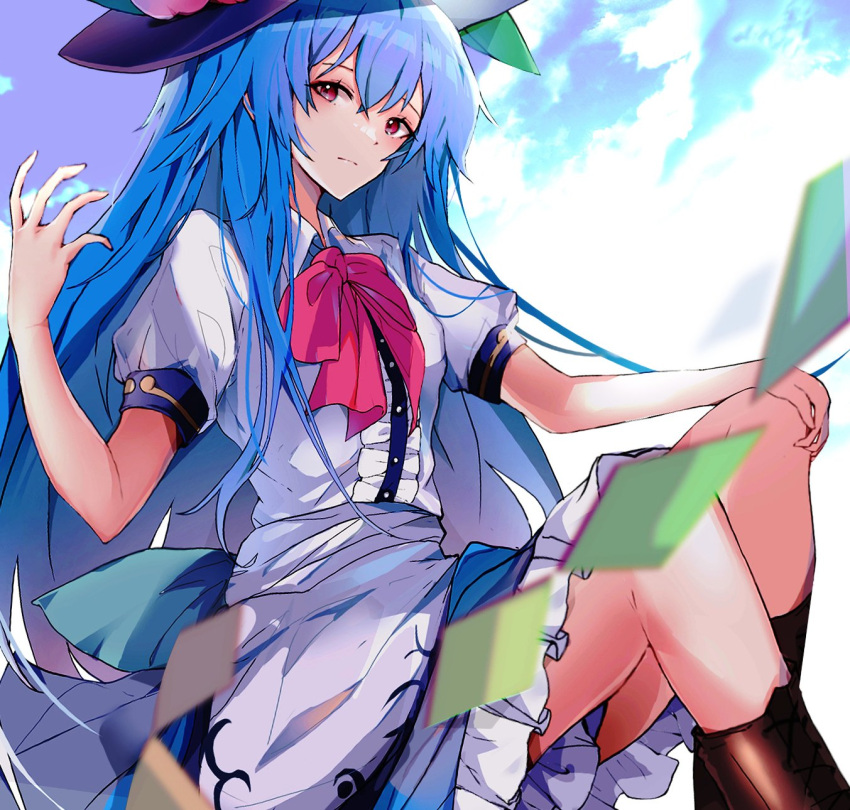 1girl back_bow bangs black_headwear blue_hair blue_sash blush boots bow brown_footwear buttons closed_mouth cross-laced_footwear frills hat highres hinanawi_tenshi invisible_chair knees krs_(kqrqsi) long_hair looking_at_viewer puffy_short_sleeves puffy_sleeves rainbow_order red_eyes sash short_sleeves sidelocks sitting solo touhou