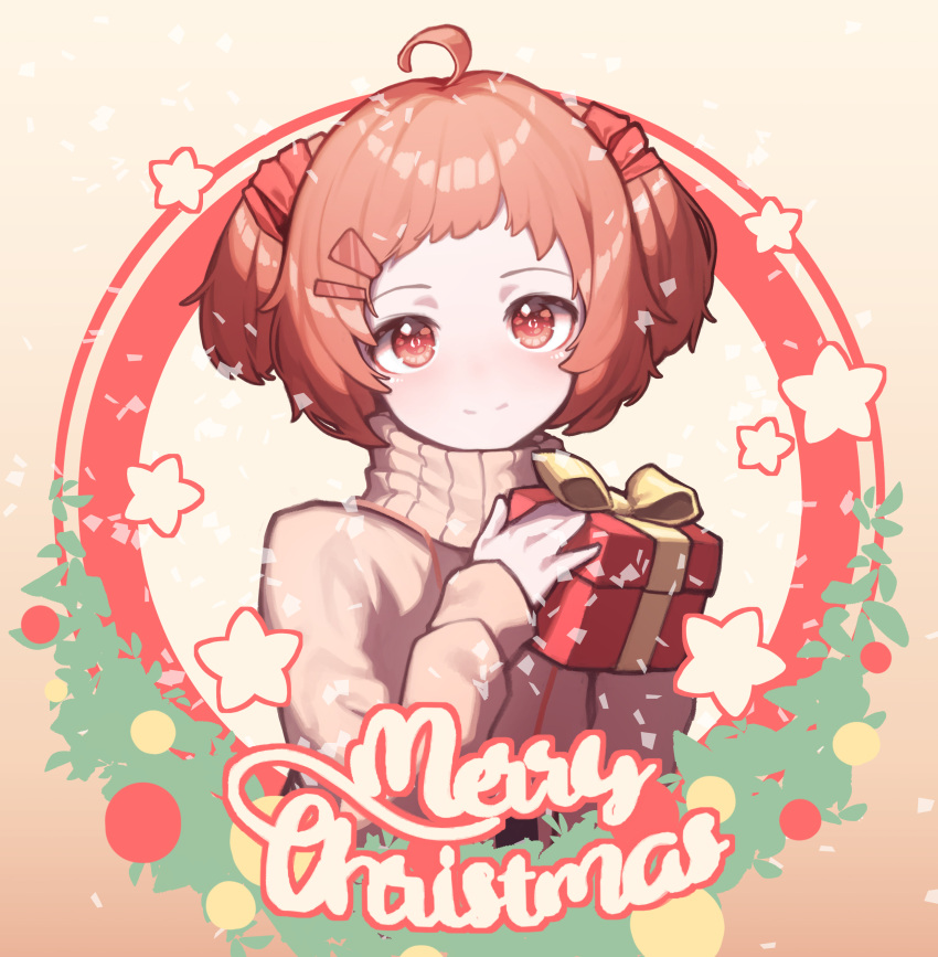 1girl absurdres ahoge arknights beagle_(arknights) beudelb blush box brown_sweater closed_mouth cropped_torso gift gift_box gradient gradient_background hair_ornament hairclip highres holding holding_gift looking_at_viewer merry_christmas orange_background orange_hair red_eyes short_hair smile solo star_(symbol) sweater turtleneck turtleneck_sweater two_side_up upper_body wreath