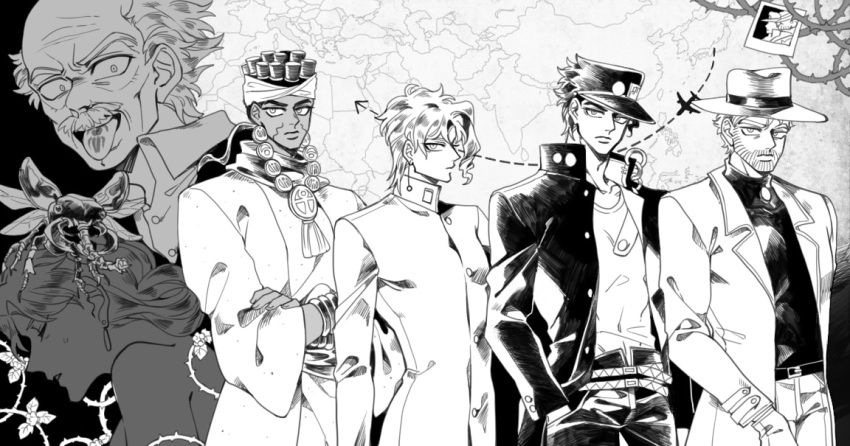 1girl 5boys aircraft airplane dark-skinned_male dark_skin dio_brando gakuran gray_fly_(jojo) greyscale hermit_purple jean_pierre_polnareff jojo_no_kimyou_na_bouken joseph_joestar joseph_joestar_(old) kakyoin_noriaki kujo_holy kujo_jotaro long_coat male_focus map mohammed_avdol monochrome multiple_boys not_present old old_man photo_(object) plant school_uniform sempon_(doppio_note) stand_(jojo) stardust_crusaders tattoo thorns tongue tongue_out tower_of_grey_(stand) vines