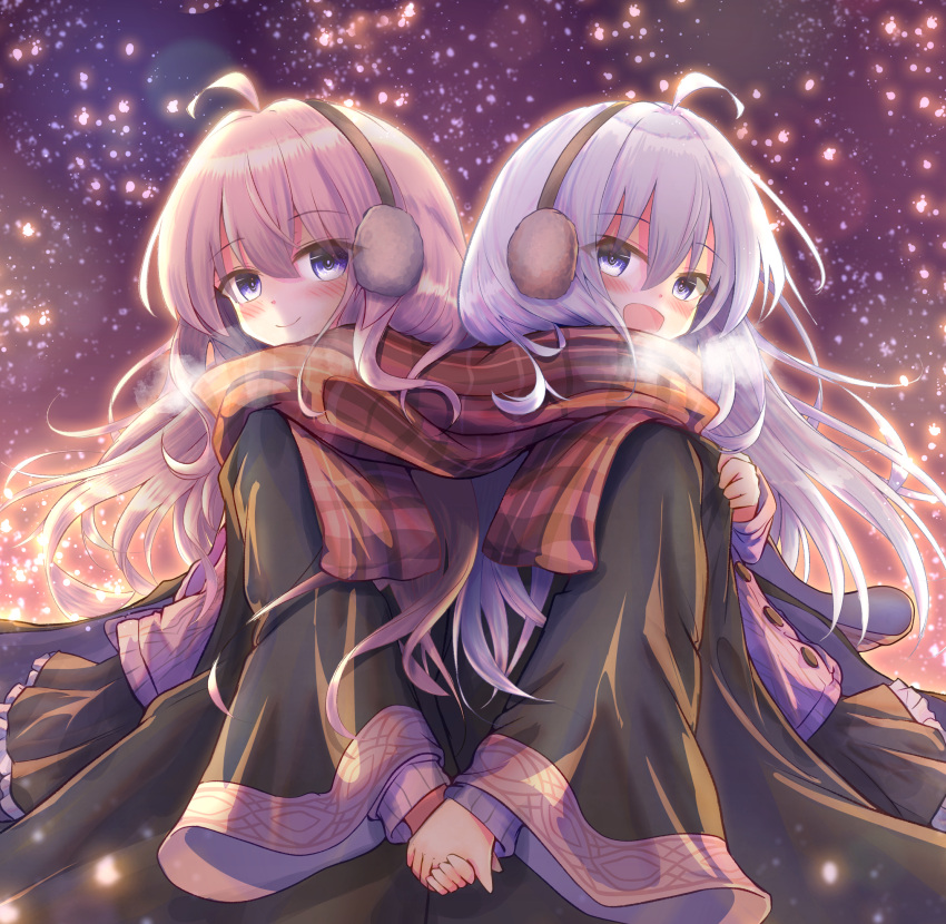 2girls ahoge back-to-back bangs black_robe blue_eyes cmo_2kr earmuffs elaina_(majo_no_tabitabi) english_commentary eyebrows_visible_through_hair grey_hair hair_between_eyes highres holding_hands houki_(majo_no_tabitabi) long_hair looking_at_viewer majo_no_tabitabi multiple_girls night open_mouth outdoors pink_hair plaid plaid_scarf red_scarf scarf shared_scarf sky smile star_(sky) starry_sky yuri