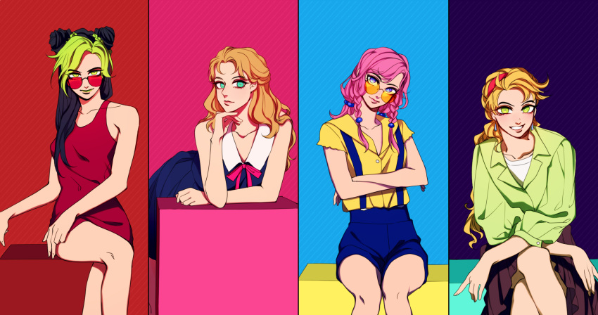 4girls battle_tendency black_hair blonde_hair blue_eyes braid crossed_arms crossed_legs double_bun earrings erina_pendleton green_eyes green_hair green_lips hair_bobbles hair_cones hair_down hair_ornament highres hirose_yasuho jewelry jojo_no_kimyou_na_bouken jojolion kujo_jolyne long_hair multicolored_hair multiple_girls phantom_blood pink_hair sempon_(doppio_note) shorts stone_ocean sunglasses suspender_shorts suspenders suzi_q two-tone_hair violet_eyes