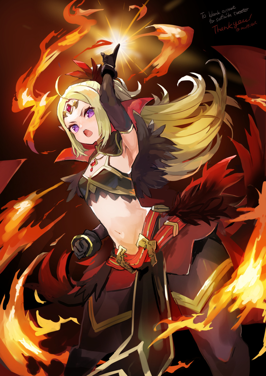 1girl absurdres ahoge arm_up armpits bangs belt black_gloves black_legwear breasts cape circlet clenched_hand commentary_request commission cowboy_shot crop_top elbow_gloves feather_trim fire fire_emblem fire_emblem_awakening fire_emblem_heroes floating_hair gloves gold_trim green_hair highres index_finger_raised long_hair looking_at_viewer midriff muff_(omochilab) multiple_belts navel nowi_(fire_emblem) official_alternate_costume open_mouth pantyhose parted_bangs pelvic_curtain pointy_ears ponytail red_belt sidelocks skeb_commission small_breasts solo standing teeth thank_you upper_teeth violet_eyes