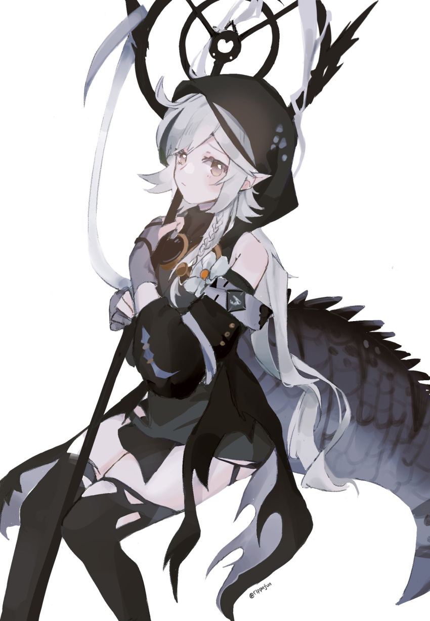 1girl arknights black_dress black_legwear black_sleeves braid brown_eyes closed_mouth commentary dress expressionless fingerless_gloves gloves grey_gloves grey_hair highres holding holding_staff hood hood_up large_tail long_hair looking_at_viewer off-shoulder_dress off_shoulder pointy_ears rippajun side_braid sitting solo staff tail thigh-highs tomimi_(arknights) twitter_username white_background