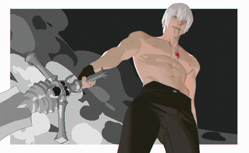 1boy abs bangs black_gloves black_pants blue_eyes dante_(devil_may_cry) devil_may_cry_(series) gloves highres holding holding_sword holding_weapon jewelry looking_at_viewer male_focus mouth_hold muscular muscular_male navel necklace nipples pants partially_fingerless_gloves pectorals short_hair solo sword teeth topless_male weapon white_hair yaoyao794