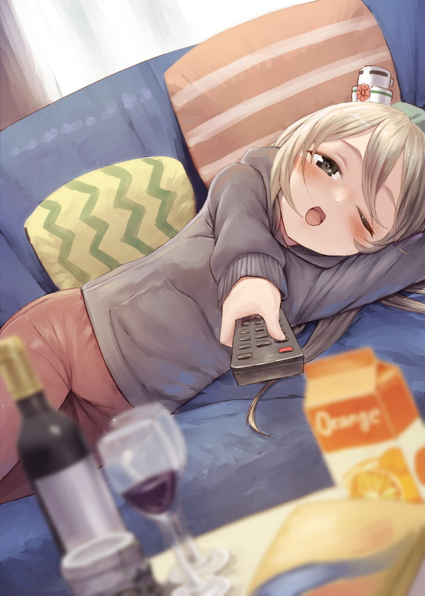 1girl alcohol blush bottle brown_eyes controller cup drinking_glass grey_shirt hat highres holding holding_remote_control honmakaina_kudou kantai_collection light_brown_hair long_hair long_sleeves mini_hat one_eye_closed open_mouth pants pola_(kancolle) red_pants remote_control shirt solo white_headwear wine wine_bottle wine_glass