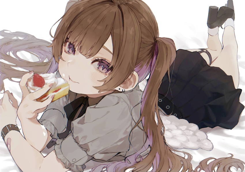 bandaid bandaid_on_arm bed_sheet black_footwear black_skirt blush bracelet brown_bracelet brown_hair closed_mouth daluto_(hitomi555) earrings eating feathered_wings fingernails food food_on_face frills fruit highres holding holding_food jewelry long_hair looking_at_viewer lying mini_wings mole mole_under_eye multicolored_hair o-ring on_stomach original pink_nails purple_hair ribbon skirt socks spiked_bracelet spikes strawberry strawberry_shortcake thigh_strap twintails very_long_hair violet_eyes wings