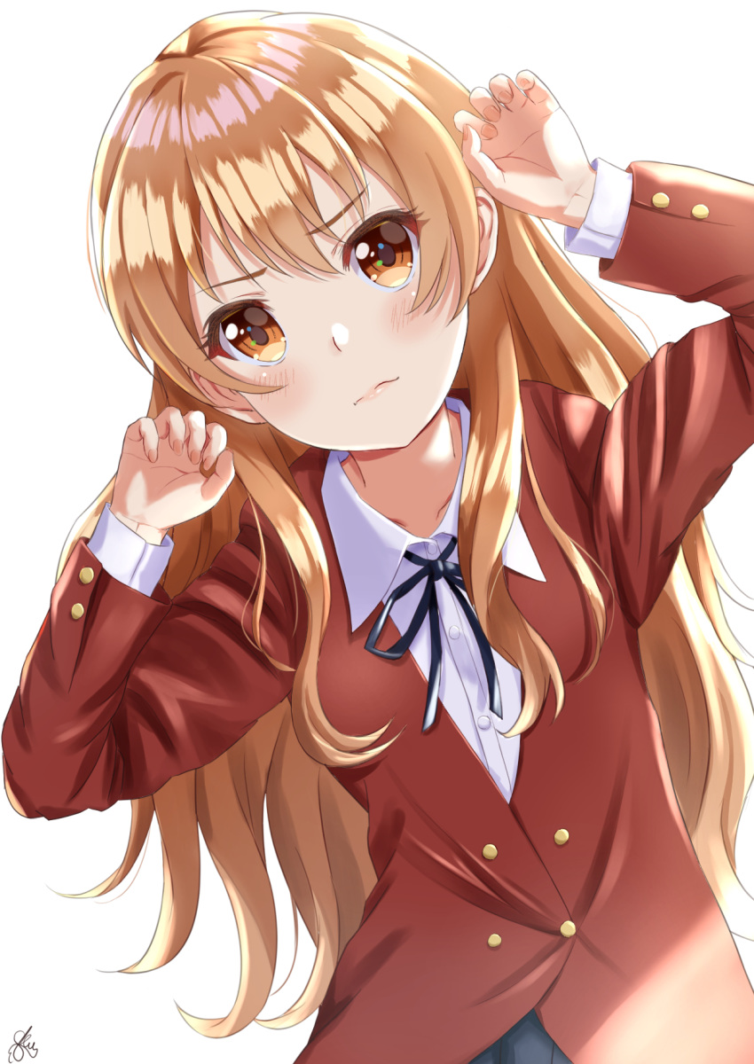 1girl aisaka_taiga akiyama0818 black_ribbon blazer blue_skirt brown_eyes brown_hair buttons commentary_request double-breasted highres jacket leaning_to_the_side long_hair looking_at_viewer oohashi_high_school_uniform red_jacket ribbon school_uniform skirt solo toradora! upper_body