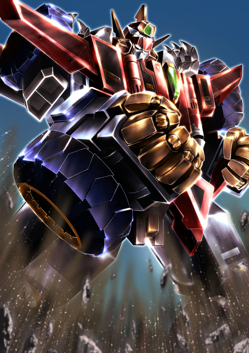absurdres blue_background clenched_hands dynazenon_(character) glowing glowing_eyes gridman_universe highres looking_down mecha no_humans rock science_fiction solo ssss.dynazenon super_robot tihiro white_eyes