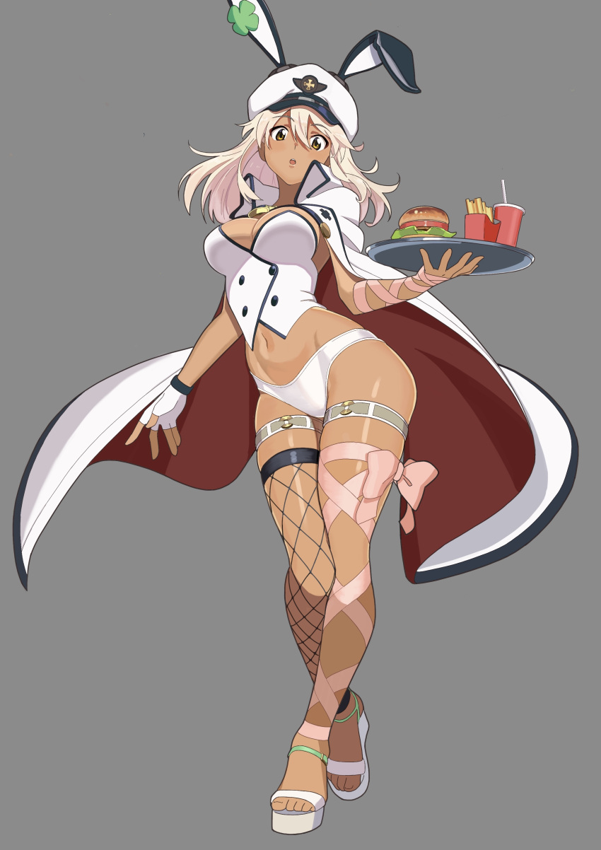 1girl absurdres adapted_costume animal_ears bow breasts burger cape clover cup curvy dark-skinned_female dark_skin drinking_straw eyebrows_visible_through_hair fake_animal_ears fingerless_gloves fishnet_legwear fishnets food four-leaf_clover french_fries gloves grey_background guilty_gear guilty_gear_strive hair_between_eyes hat highres kazuma_(leldiq) large_breasts looking_at_viewer midriff navel open_mouth panties pink_bow plate platinum_blonde_hair rabbit_ears ramlethal_valentine simple_background solo stomach thigh_strap toeless_footwear underwear waitress white_cape white_headwear white_panties yellow_eyes