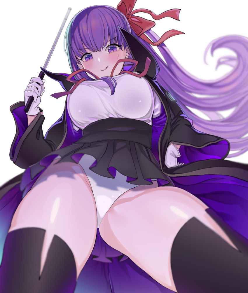 1girl :q bangs bb_(fate) black_legwear black_robe black_skirt blush bow breasts contrapposto cowboy_shot eyebrows_visible_through_hair fate/extra fate/extra_ccc fate_(series) gloves hair_bow hair_ribbon high-waist_skirt highres large_breasts leotard leotard_under_clothes long_hair looking_at_viewer microskirt neck_ribbon pleated_skirt pointer purple_hair purple_ribbon purple_robe red_bow red_ribbon ribbon skirt solo sumida_bunchou sweatdrop thigh-highs thighs tongue tongue_out v-shaped_eyebrows very_long_hair violet_eyes white_gloves white_leotard