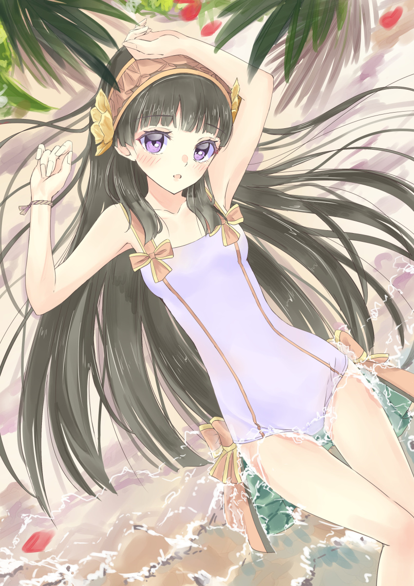 1girl absurdres armpits atelier_(series) atelier_shallie ateliermiyama bare_arms bare_legs beach black_hair blue_eyes blush breasts casual_one-piece_swimsuit collarbone day from_above hair_over_shoulder headdress highres long_hair looking_at_viewer lying on_back one-piece_swimsuit open_mouth outdoors shallistera_(atelier) shiny shiny_hair sketch small_breasts solo swimsuit thigh_gap very_long_hair violet_eyes white_swimsuit