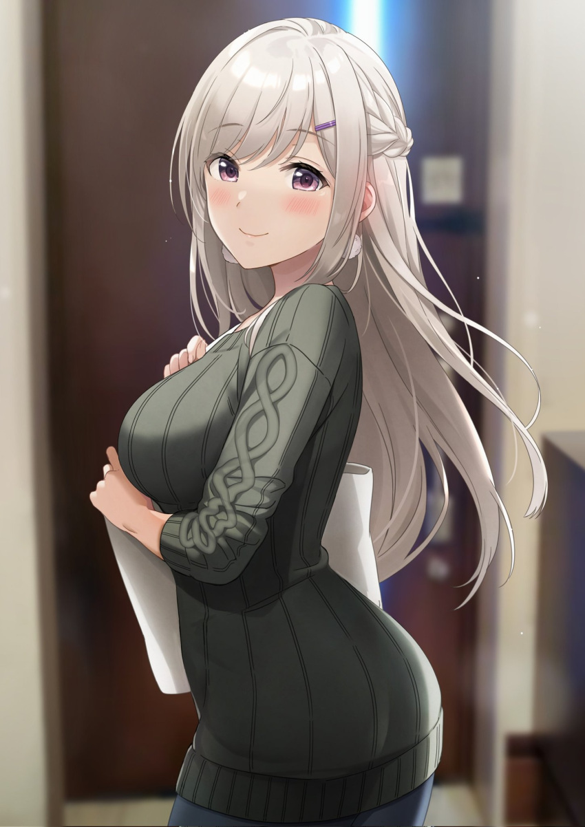1girl azuki_yui blurry blurry_background braid breasts commentary_request cowboy_shot earrings eyebrows_visible_through_hair facing_to_the_side french_braid green_sweater hair_ornament hairclip highres holding indoors jewelry large_breasts long_hair looking_at_viewer original ribbed_sweater silver_hair smile solo sweater violet_eyes