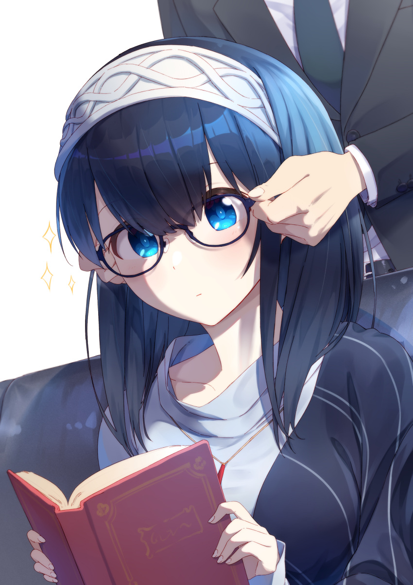 1girl adjusting_another's_eyewear bespectacled black-framed_eyewear black_hair black_necktie black_suit blue_eyes blue_sweater blush book commentary_request glasses hairband highres holding holding_book idolmaster idolmaster_cinderella_girls looking_at_viewer necktie open_book producer_(idolmaster) purple_shawl sagisawa_fumika shawl shirt simple_background sparkle sweater white_background white_hairband white_shirt yaaben