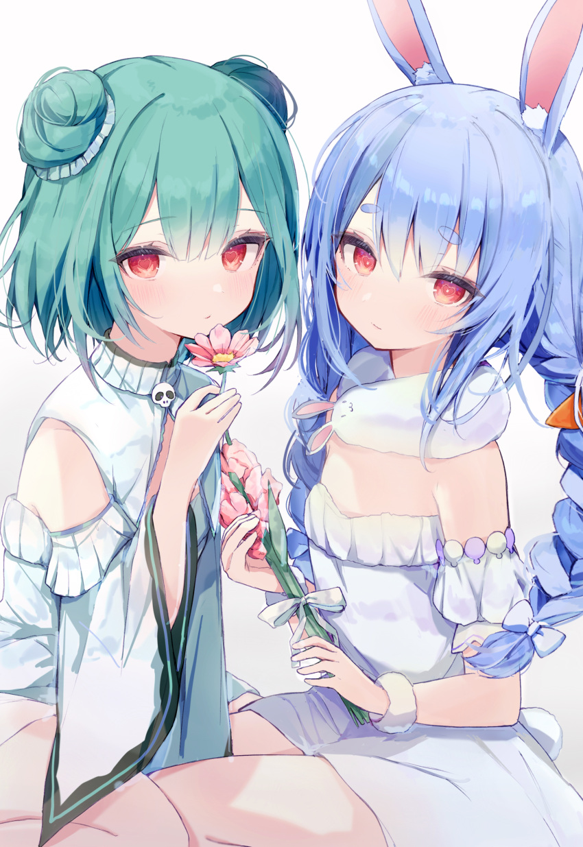 2girls :/ absurdres animal_ear_fluff animal_ears bangs bare_shoulders blue_hair braid commentary detached_sleeves don-chan_(usada_pekora) double_bun dress eyebrows_visible_through_hair feet_out_of_frame flat_chest flower fur_scarf fusuma_(ramunezake) green_hair hair_ornament heart heart-shaped_pupils highres holding holding_flower hololive light_smile long_hair looking_at_viewer multiple_girls pink_flower rabbit_ears red_eyes short_eyebrows short_hair short_sleeves simple_background sitting strapless strapless_dress symbol-only_commentary symbol-shaped_pupils thick_eyebrows twin_braids twintails uruha_rushia usada_pekora virtual_youtuber white_background white_dress