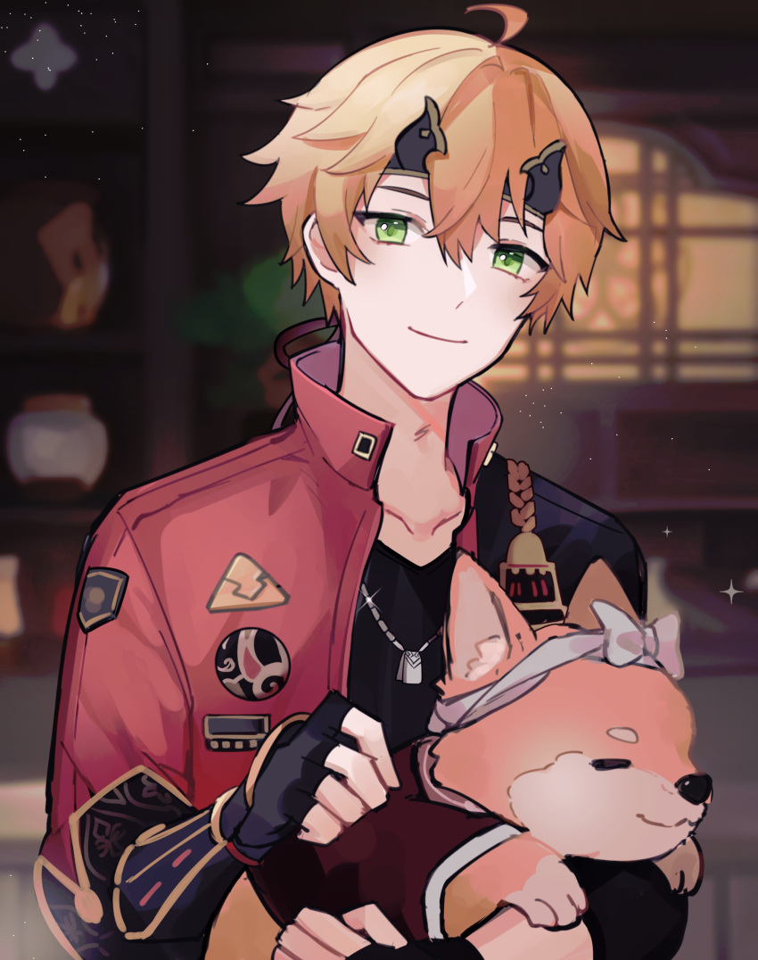 1boy absurdres ahoge animal black_gloves black_shirt blurry blurry_background closed_mouth collarbone commentary dog fingerless_gloves genshin_impact gloves green_eyes highres holding holding_animal holding_dog indoors jacket jewelry light_particles long_sleeves male_focus necklace red_jacket rippajun shirt smile solo sparkle symbol-only_commentary thoma_(genshin_impact) upper_body