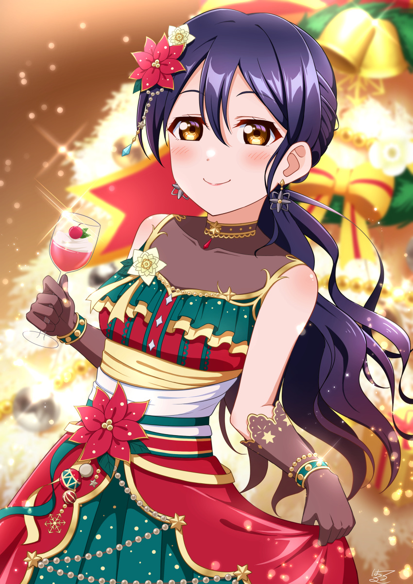 1girl absurdres bangs bare_shoulders blue_hair blush christmas cowboy_shot cup curly_hair curtsey dress drinking_glass earrings eyebrows_visible_through_hair flower frills gloves hair_between_eyes hair_flower hair_ornament haruharo_(haruharo_7315) highres holding jewelry long_hair looking_at_viewer love_live! love_live!_school_idol_project skirt_hold smile solo sonoda_umi swept_bangs tied_hair wine_glass yellow_eyes