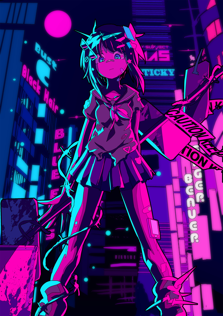 1girl berryverrine breasts city_lights from_below hair_ornament highres looking_at_viewer neon_lights night original road_sign school_uniform short_hair sign small_breasts solo standing