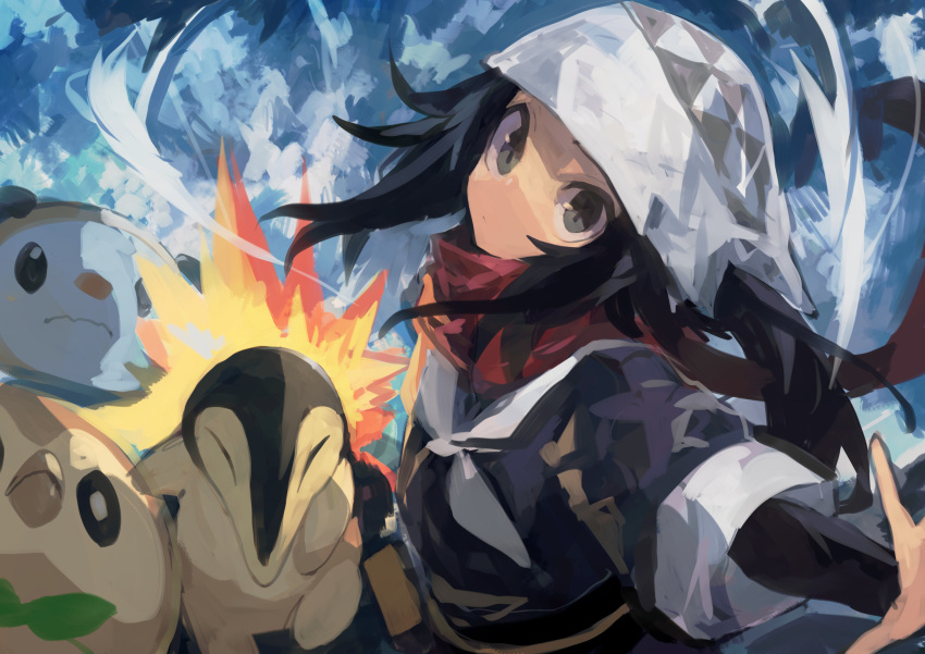 1girl absurdres akari_(pokemon) black_eyes black_hair closed_mouth clouds cyndaquil day expressionless fire highres japanese_clothes kaamin_(mariarose753) long_hair looking_at_viewer obi oshawott outdoors outstretched_arm pokemon pokemon_(creature) pokemon_(game) pokemon_legends:_arceus red_scarf rowlet sash scarf sidelocks sky upper_body white_headwear