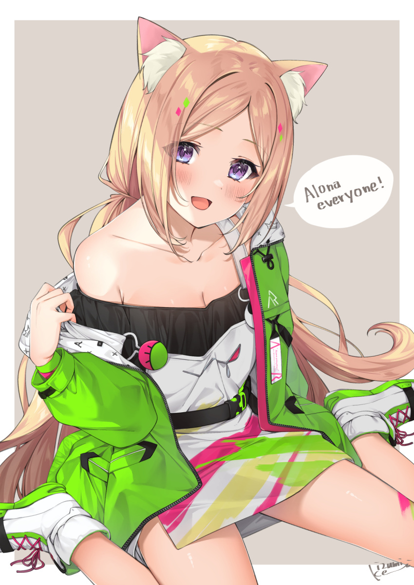 1girl :d aki_rosenthal animal_ear_fluff animal_ears bangs blonde_hair blush cat_ears commentary_request english_text eyebrows_visible_through_hair eyes_visible_through_hair green_jacket highres hololive izumi_kei jacket long_hair long_sleeves looking_at_viewer off_shoulder open_clothes open_jacket parted_bangs shoes signature single_bare_shoulder sitting smile solo speech_bubble very_long_hair violet_eyes virtual_youtuber wariza white_footwear