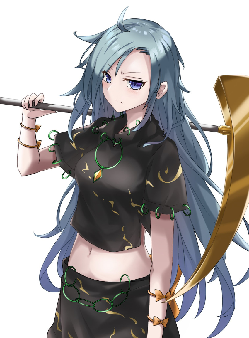 1girl 210bush arm_strap back_bow blue_eyes blue_hair bow breasts closed_mouth collared_shirt commentary_request cowboy_shot gold green_shirt green_skirt highres himemushi_momoyo holding holding_pickaxe jewelry long_hair medium_breasts messy_hair midriff navel orange_bow pickaxe ring serious shirt short_sleeves simple_background skirt skirt_set stomach touhou v-shaped_eyebrows very_long_hair white_background