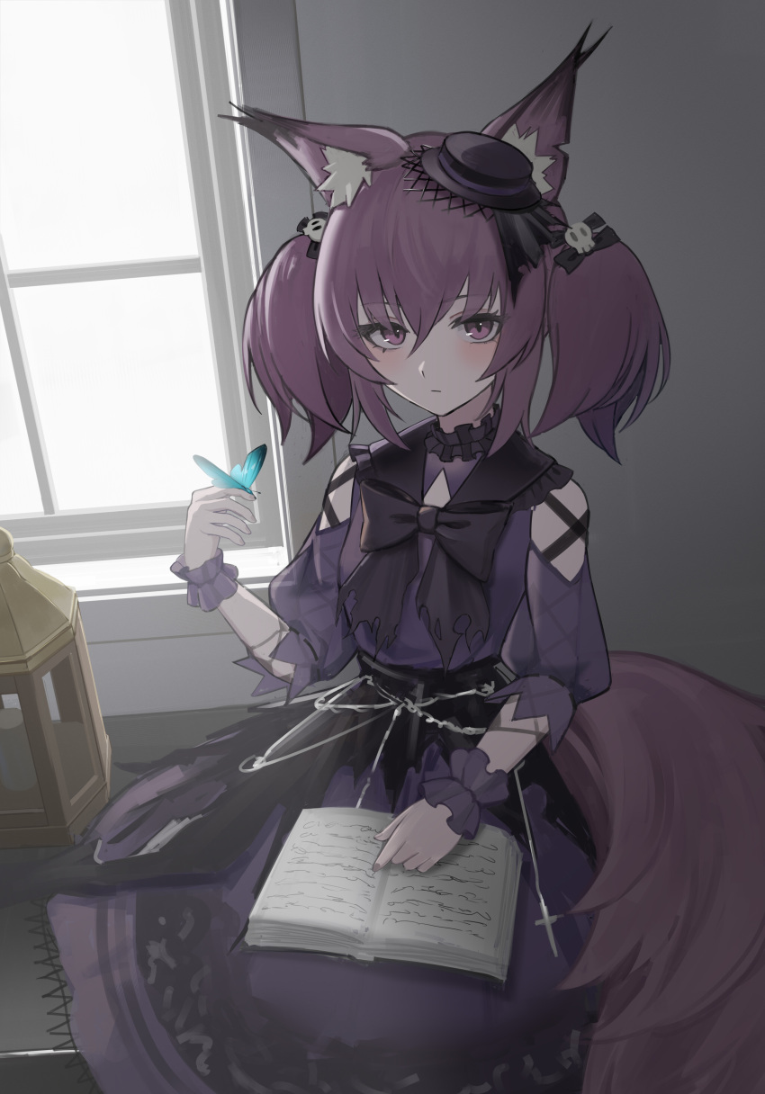 1girl absurdres animal_ear_fluff animal_ears arknights bangs black_bow black_bowtie black_headwear book bow bowtie bug butterfly butterfly_on_hand closed_mouth clothing_cutout dress fox_ears fox_girl fox_tail hair_ornament highres indoors kit looking_at_viewer purple_dress shamare_(arknights) sidelocks sitting skull_hair_ornament solo tail two_side_up violet_eyes window wrist_cuffs