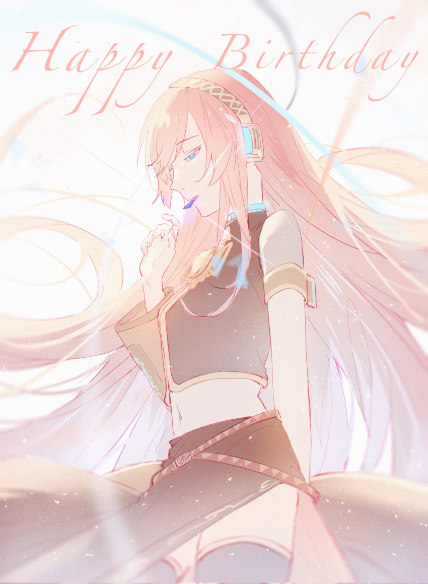 1girl absurdly_long_hair arm_behind_back armband belt black_legwear black_shirt black_skirt blue_eyes commentary cowboy_shot detached_sleeves floating_hair glowing gold_trim half-closed_eyes hand_up happy_birthday highres long_hair long_skirt looking_down megurine_luka midriff ming_san mouth_hold navel palette_(vocaloid) petals petals_in_mouth pink_hair shirt short_sleeves side_slit single_detached_sleeve skirt solo sparkle standing thigh-highs very_long_hair vocaloid
