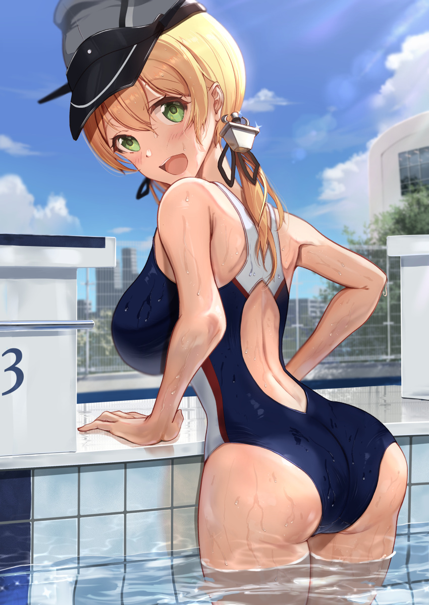 1girl absurdres anchor_hair_ornament ass back blonde_hair blush breasts commentary_request competition_swimsuit cowboy_shot green_eyes hair_ornament hat highres kantai_collection large_breasts long_hair looking_at_viewer looking_back low_twintails military_hat one-piece_swimsuit open_mouth peaked_cap pool prinz_eugen_(kancolle) revision swimsuit taki_rentaro tree twintails water water_drop