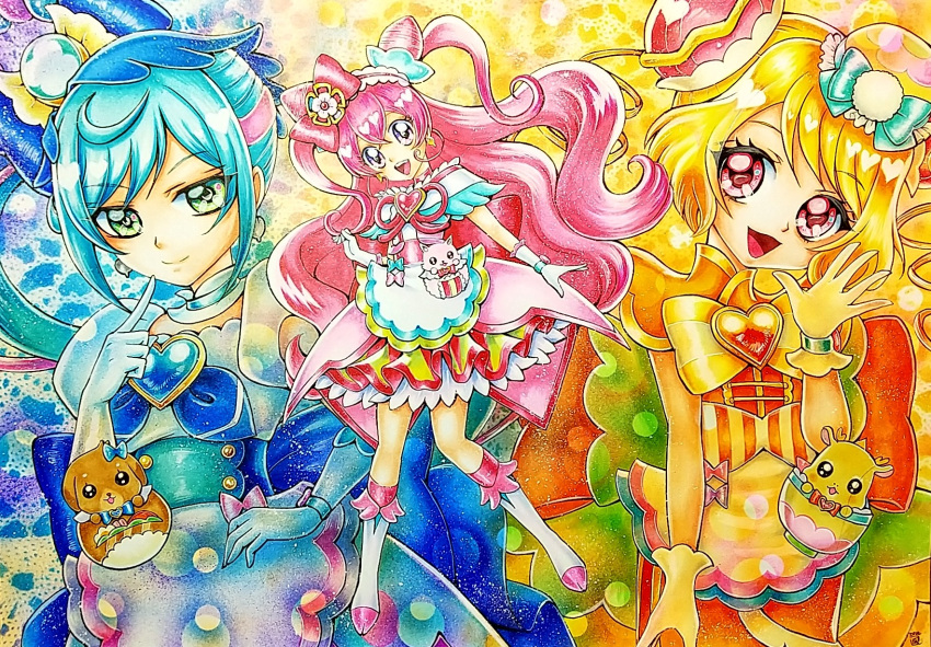 3girls :d ankle_bow apron arm_up armpits back_bow blonde_hair blue_bow blue_eyes blue_footwear blue_hair blue_legwear blue_skirt boots bow bun_cover choker closed_mouth cure_precious cure_spicy cure_yum-yum delicious_party_precure detached_collar double_bun drill_hair earrings elbow_gloves frilled_skirt frills full_body fuwa_kokone gloves hair_bow hair_cones hair_rings hanamichi_ran heart_brooch highres huge_bow jewelry knee_boots long_hair looking_at_viewer magical_girl matsukawa_yuki multicolored_background multicolored_hair multiple_girls nagomi_yui official_style open_mouth orange_bow orange_footwear orange_skirt outstretched_hand pantyhose pink_bow pink_choker pink_hair pink_skirt precure purple_eyes red_eyes shiny shiny_hair shoes skirt smile striped striped_bow twin_drills two-tone_hair white_footwear white_gloves