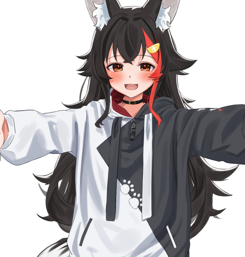 1girl :d animal_ear_fluff animal_ears bangs black_choker black_hair black_hoodie blush brown_eyes choker commentary_request daichi_(daichi_catcat) hair_ornament hairclip highres hololive hood hoodie incoming_hug long_hair long_sleeves looking_at_viewer multicolored_hair ookami_mio outstretched_arms redhead simple_background smile solo streaked_hair two-tone_hoodie upper_body virtual_youtuber white_background white_hoodie wolf_ears