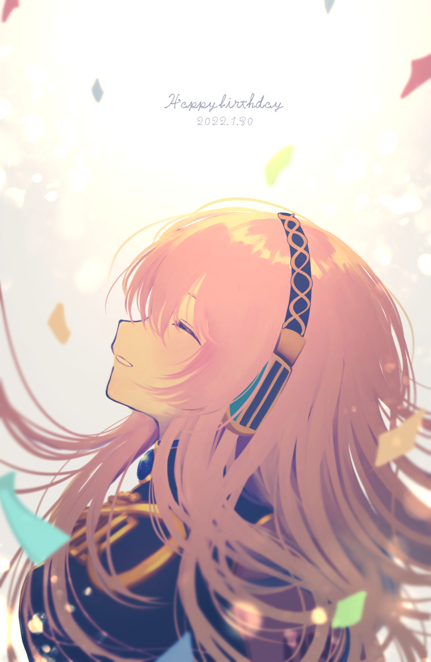 1girl backlighting black_shirt blurry blurry_foreground closed_eyes commentary confetti dated depth_of_field facing_up floating_hair from_side gold_trim hairband happy_birthday headphones highres long_hair megurine_luka oy0y0 parted_lips pink_hair shirt smile solo upper_body vocaloid