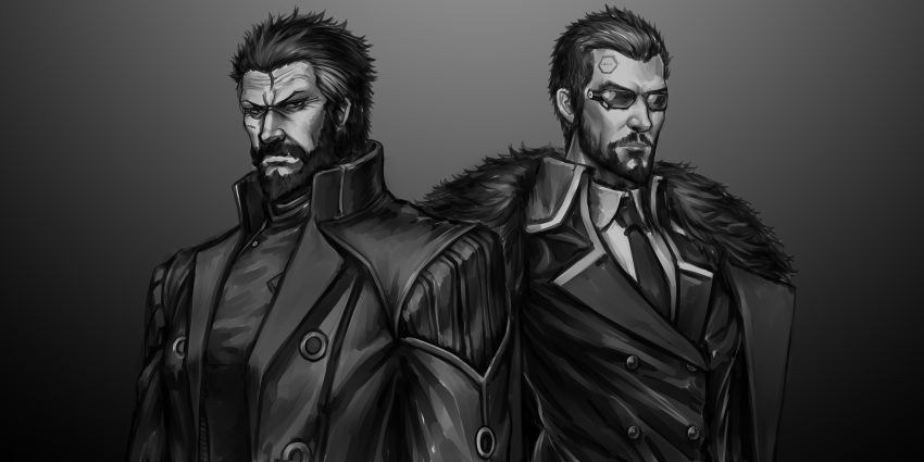 2boys absurdres adam_jensen beard berezovich_kryuger_(girls'_frontline) coat coat_on_shoulders commentary_request cosplay costume_switch crossover deus_ex deus_ex:_human_revolution facial_hair fur-trimmed_coat fur_trim girls_frontline goatee gradient gradient_background greyscale highres jacket jing_meng_li looking_at_viewer male_focus military military_uniform monochrome multiple_boys necktie scar scar_on_face short_hair sunglasses uniform upper_body
