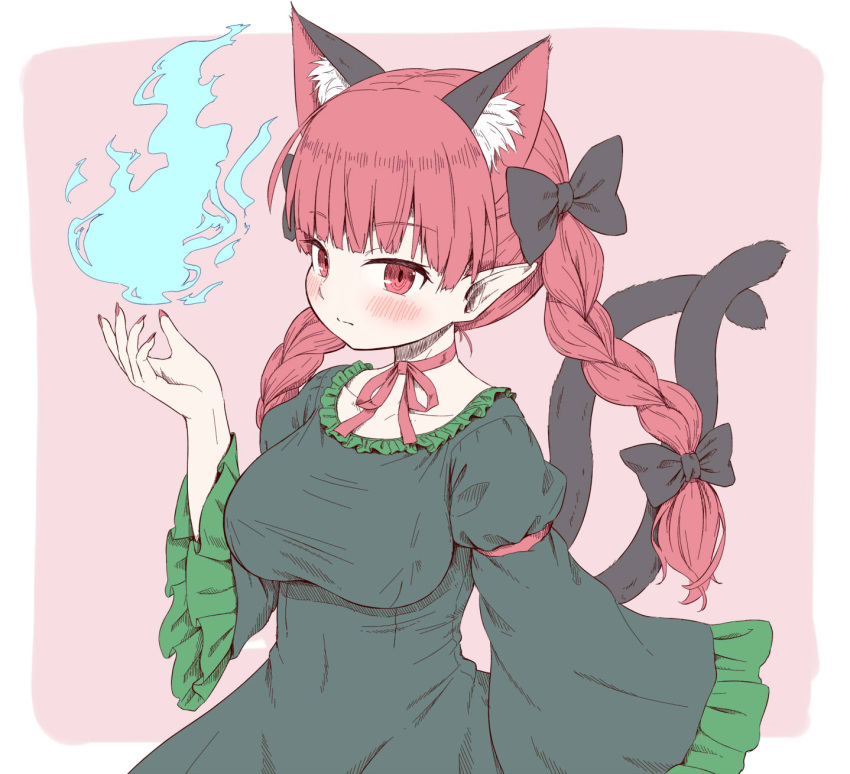 1girl animal_ear_fluff animal_ears arinu bangs black_bow blunt_bangs blush bow braid breasts cat_ears cat_tail choker dress expressionless extra_ears eyebrows_visible_through_hair frills green_dress hair_bow hair_ribbon hand_up highres hitodama juliet_sleeves kaenbyou_rin large_breasts long_hair long_sleeves looking_at_viewer multiple_tails nail_polish neck_ribbon nekomata pink_background pointy_ears puffy_sleeves red_eyes red_nails red_ribbon redhead ribbon ribbon_choker simple_background solo tail touhou tress_ribbon twin_braids twintails two_tails upper_body wide_sleeves