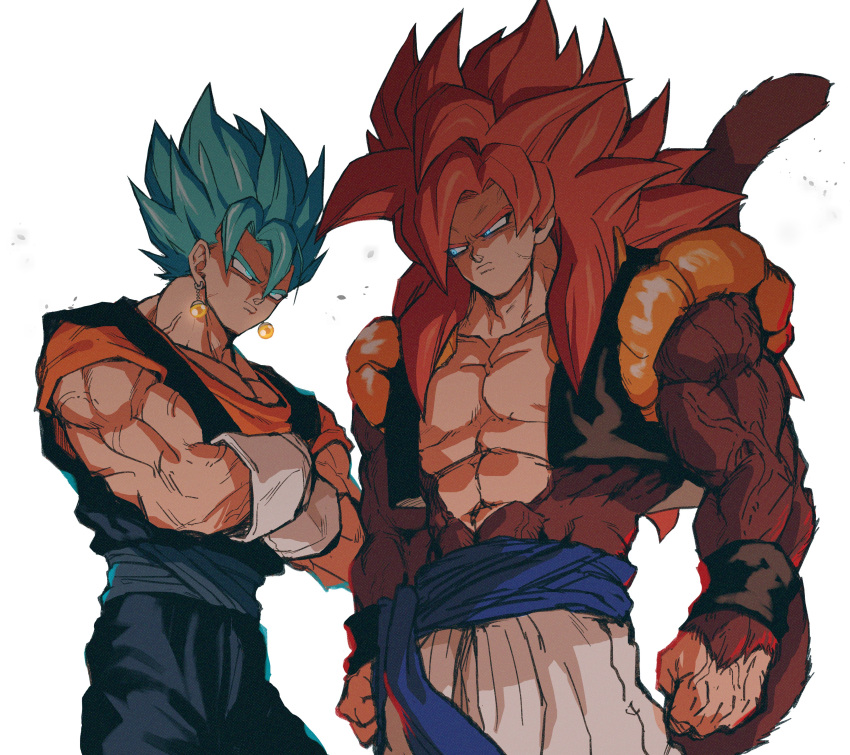 2boys absurdres bare_pectorals biceps body_fur brown_fur crossed_arms dougi dragon_ball dragon_ball_gt dragon_ball_super earrings fusion gogeta highres jewelry male_focus metamoran_vest monkey_boy monkey_tail multiple_boys no_nipples pants pectorals potara_earrings relio_db318 saiyan super_saiyan super_saiyan_4 super_saiyan_blue tail vegetto veiny_hands white_pants