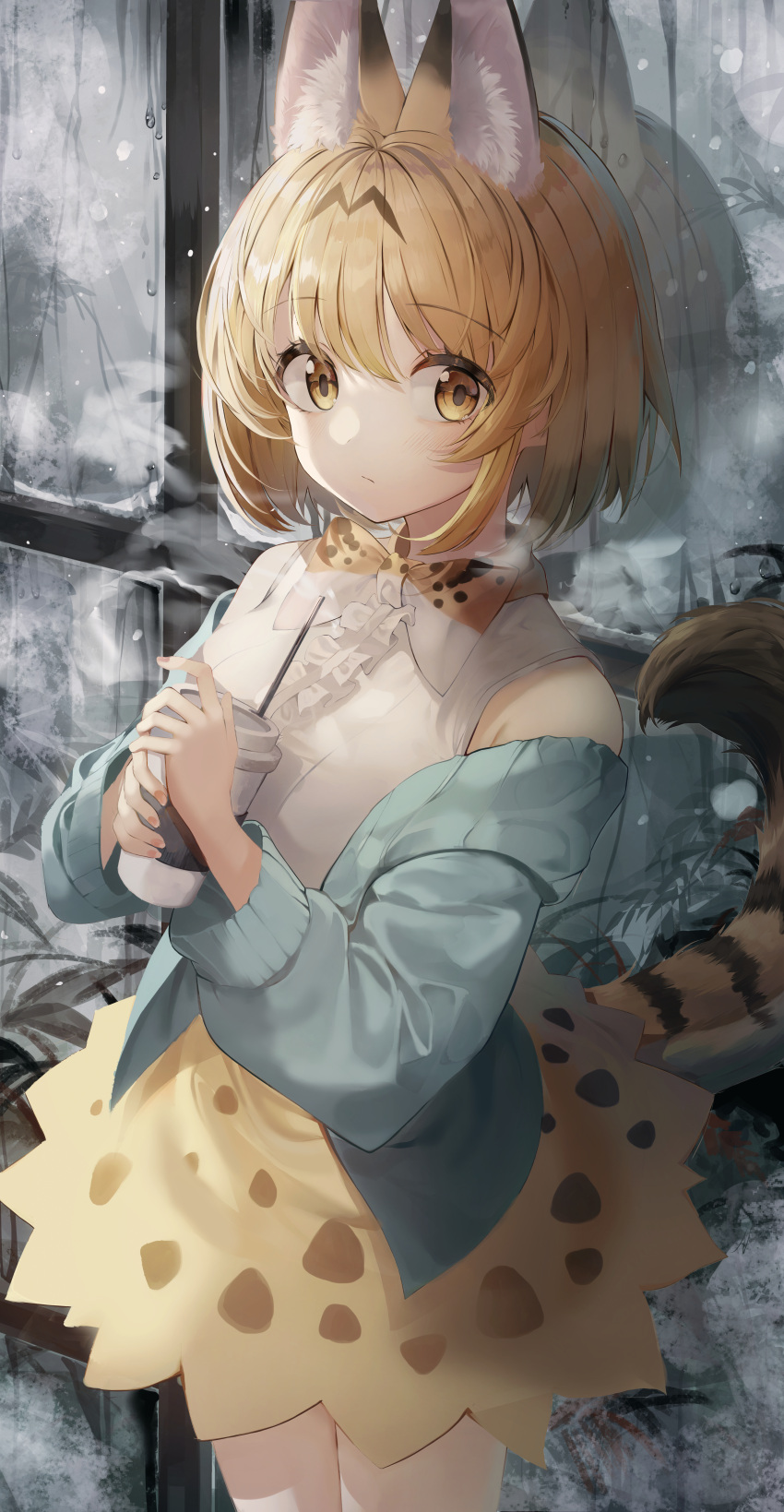 1girl absurdres animal_ear_fluff animal_ears animal_ears_(artist) bangs blonde_hair blue_jacket bow bowtie breath center_frills cold commentary cup disposable_cup extra_ears eyebrows_visible_through_hair eyes_visible_through_hair frills hair_between_eyes highres jacket kemono_friends long_sleeves looking_at_viewer off_shoulder print_bow print_bowtie print_skirt serval_(kemono_friends) serval_print shirt short_hair skirt sleeveless sleeveless_shirt solo tail white_shirt window winter yellow_eyes