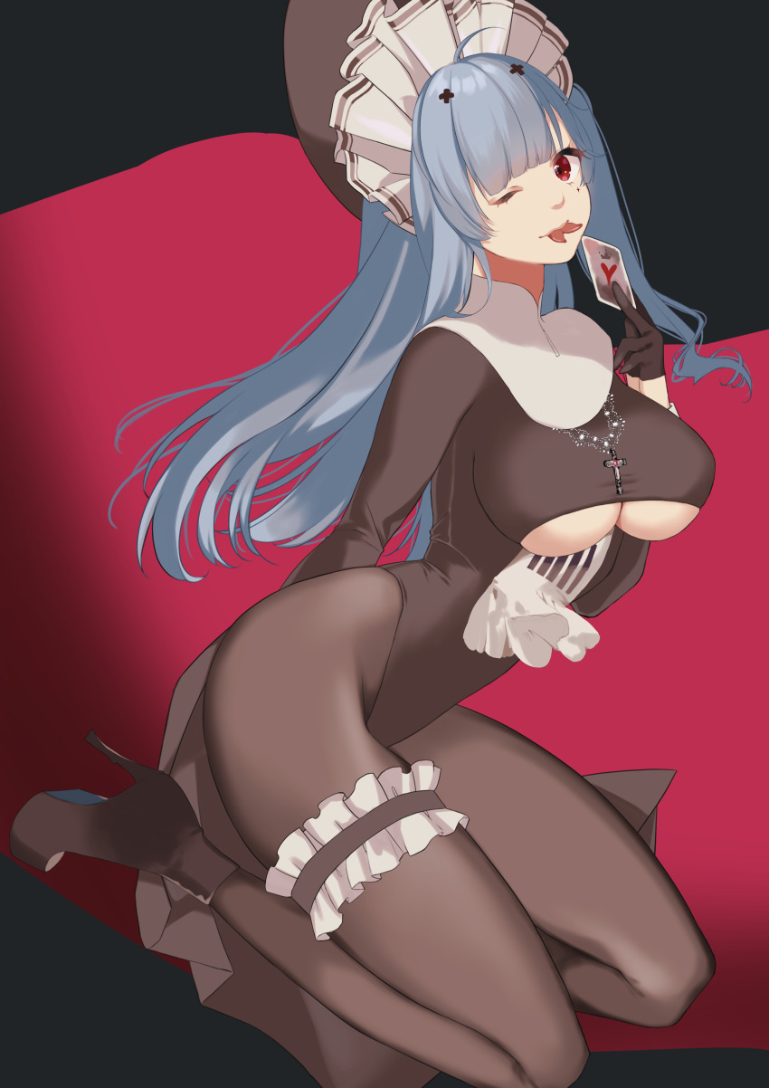1girl absurdres azur_lane black_gloves blue_hair breasts brown_dress brown_footwear brown_legwear card clothing_cutout cross cross_necklace dress forked_tongue full_body gloves half_gloves hanada_no_kiwami highleg highres jewelry large_breasts long_hair looking_at_viewer maid_headdress marco_polo_(azur_lane) marco_polo_(the_queen_of_hearts)_(azur_lane) necklace official_alternate_costume one_eye_closed pantyhose platform_boots platform_footwear playing_card red_eyes solo thigh_strap tongue under_boob underboob_cutout