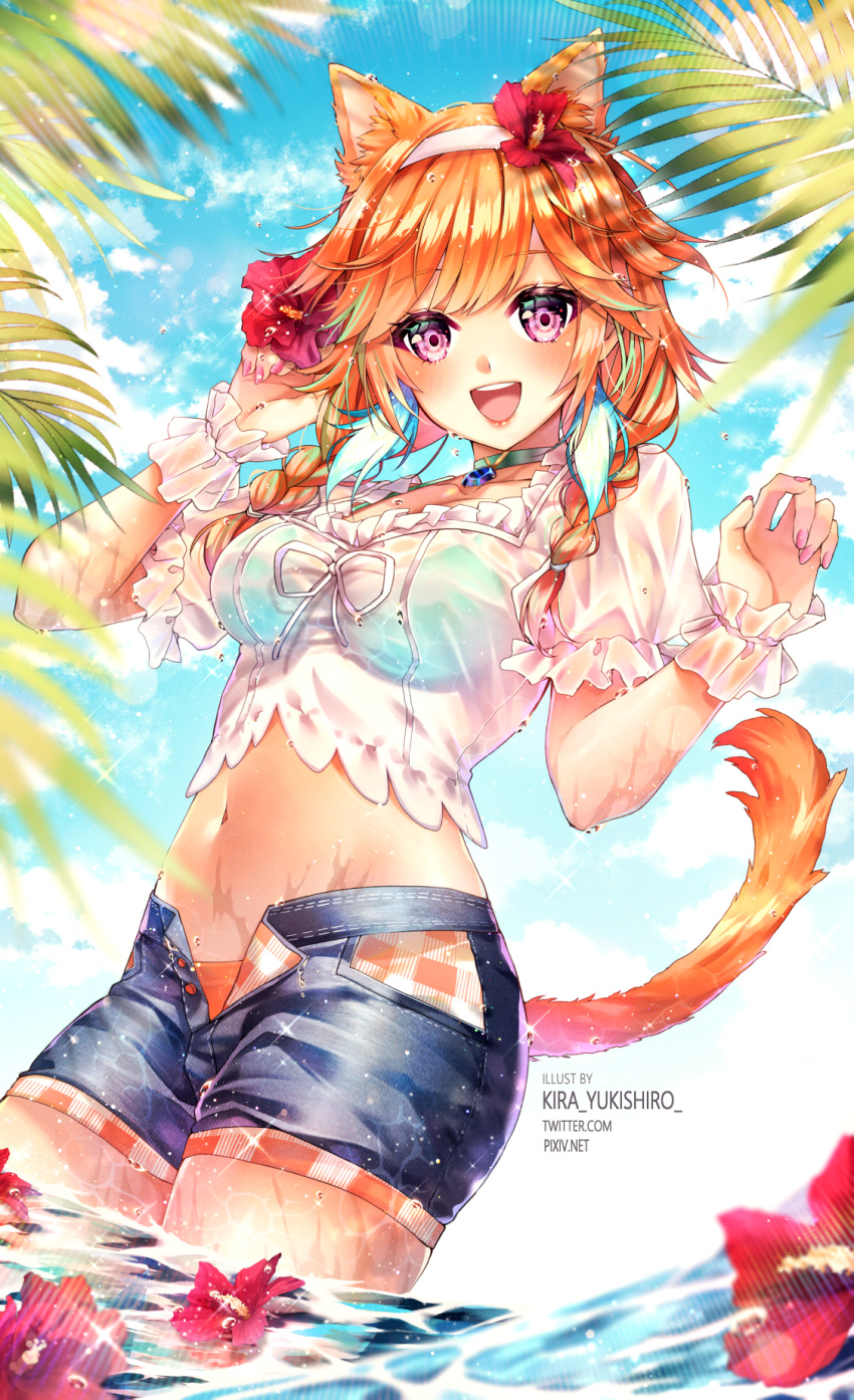 1girl adjusting_clothes adjusting_headwear animal_ears aqua_bikini artist_name bangs bikini blurry blurry_foreground braid breasts cat_ears cat_girl cat_tail choker clouds collarbone colorful cowboy_shot curled_fingers english_commentary eyebrows_visible_through_hair flower frilled_cuffs frilled_sleeves frills hair_flower hair_ornament hand_up headband hibiscus highres hololive hololive_english kira_yukishiro lips looking_at_viewer medium_breasts navel open_clothes open_mouth open_shorts orange_hair outdoors parted_bangs pink_eyes pink_nails pixiv_id plant see-through_shirt shiny shiny_clothes shirt short_hair short_shorts short_sleeves shorts sky solo sparkle standing swimsuit tail takanashi_kiara teeth twin_braids twitter_username upper_teeth virtual_youtuber water wet wet_clothes white_headband white_shirt