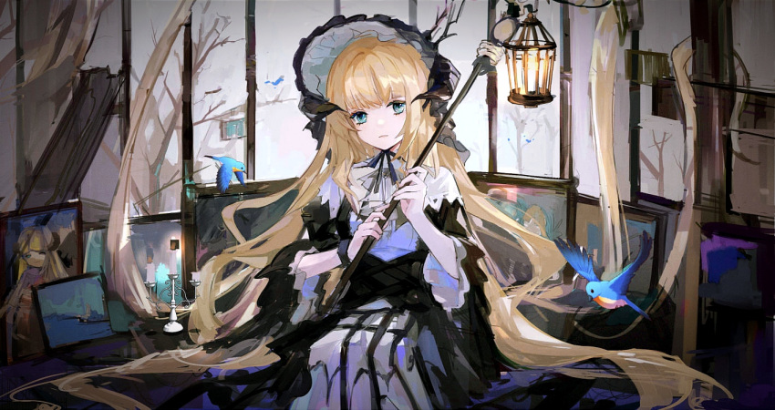 1girl animal arknights bangs bare_tree bird birdcage black_dress blonde_hair cage candle candlestand closed_mouth commentary_request day dress eyebrows_visible_through_hair green_eyes head_tilt holding horns indoors long_hair long_sleeves looking_at_viewer nightingale_(arknights) painting qianzhu solo tree very_long_hair wings