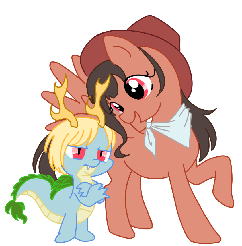 absurdres black_hair blonde_hair brown_headwear cowboy_hat crossed_arms crossover dragon dragon_horns dragon_tail hat highres horns horse_girl horse_tail kicchou_yachie kurokoma_saki multiple_girls my_little_pony my_little_pony_friendship_is_magic parody pegasus pegasus_wings pony red_eyes short_hair tail touhou turtle_shell tutuntudenden white_bandana