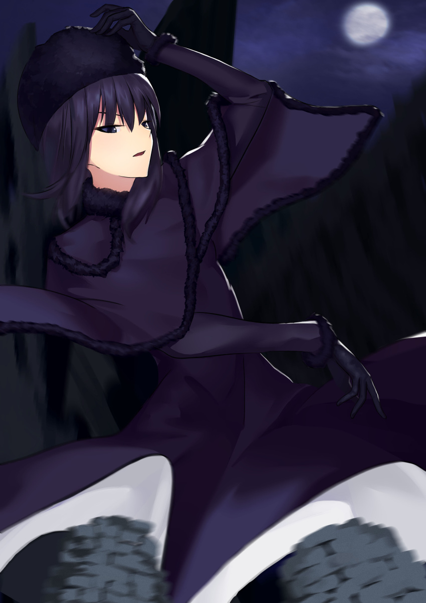1girl absurdres arm_up bangs black_capelet black_dress black_eyes black_gloves black_hair black_headwear capelet clouds cloudy_sky commentary_request cqqz0707 dress fur-trimmed_capelet fur-trimmed_gloves fur_collar fur_hat fur_trim gloves hair_between_eyes half-closed_eyes hat highres kuonji_alice long_dress long_sleeves looking_at_viewer mahou_tsukai_no_yoru moon night open_mouth outdoors short_hair sky solo ushanka