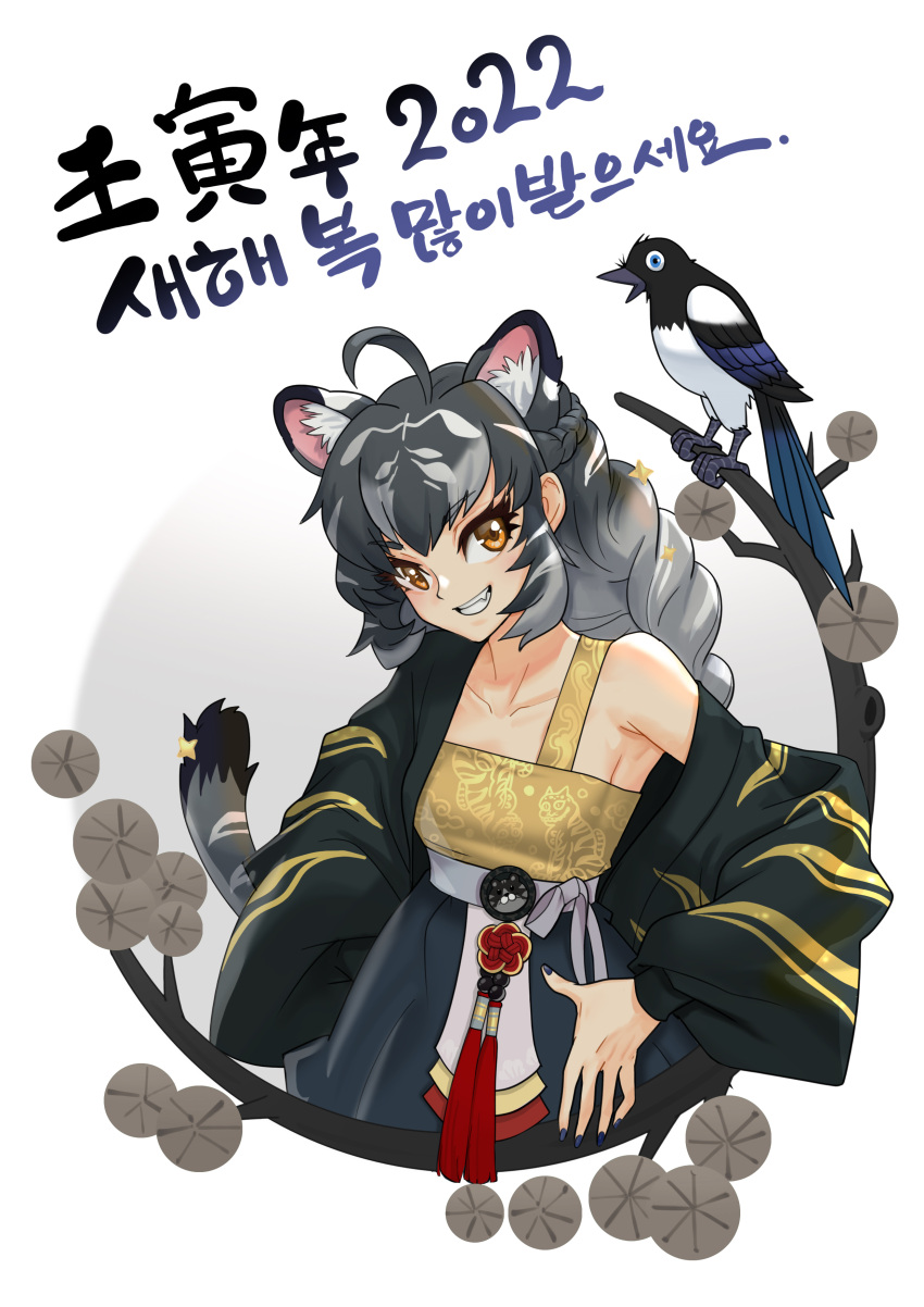 1girl 2022 absurdres ahoge animal_ear_fluff animal_ears animal_print bangs bird black_hair black_nails braid brown_eyes character_request chinese_zodiac commentary crown_braid english_commentary extra_ears eyebrows_visible_through_hair fang gradient_hair grey_hair grin hands_on_hips highres kemono_friends korean_text long_hair looking_at_viewer multicolored_hair nail_polish off_shoulder roonhee simple_background single_bare_shoulder smile solo tail tiger_ears tiger_print year_of_the_tiger