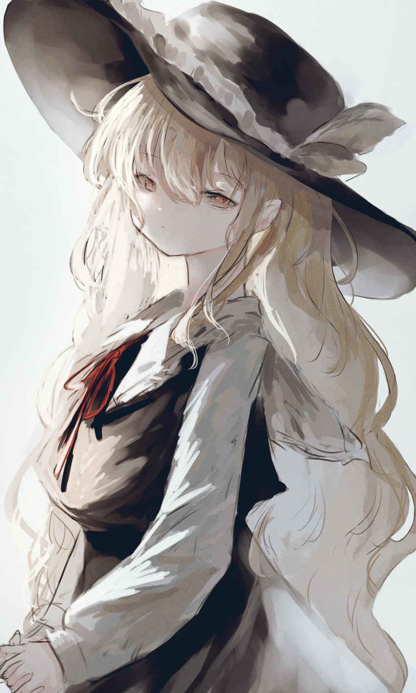 1girl absurdres agasa_(akasa_anodan) blonde_hair brown_headwear brown_skirt brown_vest collared_shirt commentary_request eyebrows_visible_through_hair fedora frilled_hat frills hat hat_feather highres interlocked_fingers jacket_girl_(dipp) long_hair long_sleeves orange_eyes red_ribbon ribbon shirt simple_background skirt touhou very_long_hair vest white_background white_shirt