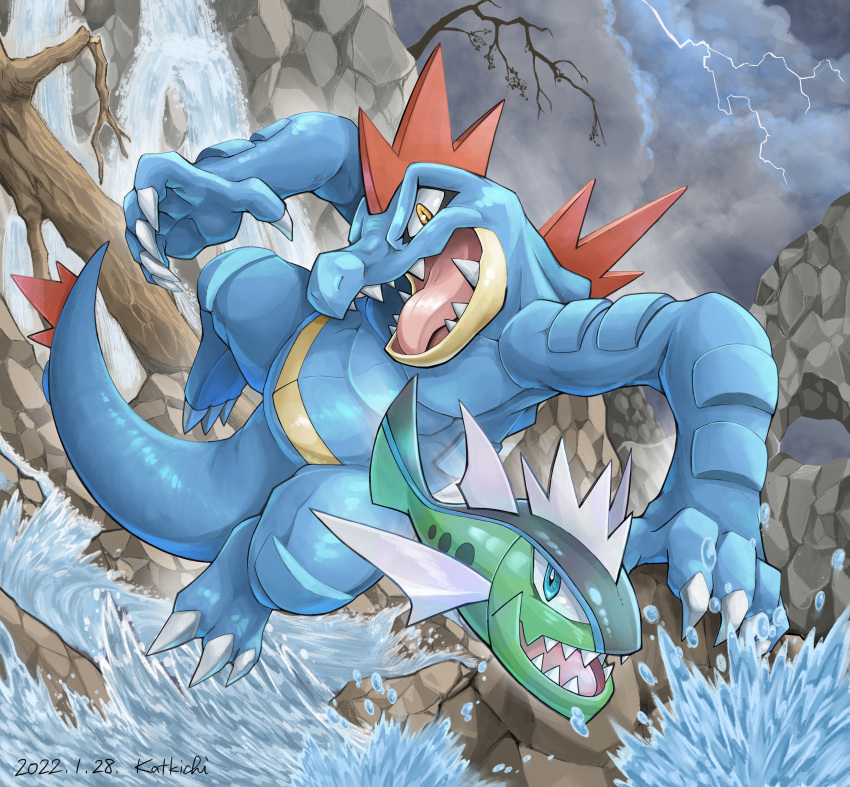 absurdres animal_focus basculin basculin_(blue) claws clouds cloudy_sky commentary_request feraligatr fish highres katkichi lightning no_humans open_mouth outdoors pokemon pokemon_(creature) sharp_teeth shiny sky splashing teeth tongue water yellow_eyes
