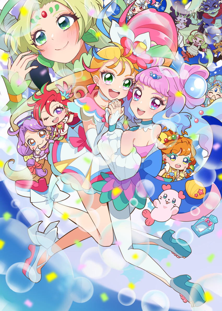 2boys 6+girls ;d agnete_(precure) ankle_bow back_bow bare_legs blonde_hair blue_eyes blue_hair blush bow brown_eyes brown_hair butler_(precure) character_request chibi choker chongire closed_eyes closed_mouth colored_eyelashes covering_mouth cure_coral cure_flamingo cure_la_mer cure_oasis cure_papaya cure_summer double_bun earrings elda_(precure) fingerless_gloves fingernails flower forehead_jewel full_body gloves gradient_hair green_eyes green_hair hair_bow hair_flower hair_ornament hand_over_own_mouth heart heart_in_eye highres holding_hands ichinose_minori jewelry kururun_(precure) laura_la_mer layered_skirt leaf_earrings long_hair looking_at_viewer magical_girl mamepote mermaid_queen_(precure) mismatched_eyelashes monster_girl multicolored_eyes multicolored_hair multiple_boys multiple_girls natsuumi_manatsu numeri_(precure) one_eye_closed pantyhose pearl_hair_ornament pink_bow pink_eyes pink_hair precure purple_hair redhead seashell shell shoes side_ponytail skirt smile suzumura_sango symbol_in_eye takizawa_asuka triangle_earrings tropical-rouge!_precure violet_eyes white_bow white_choker white_footwear white_gloves white_legwear white_skirt yellow_bow yellow_eyes yellow_gloves