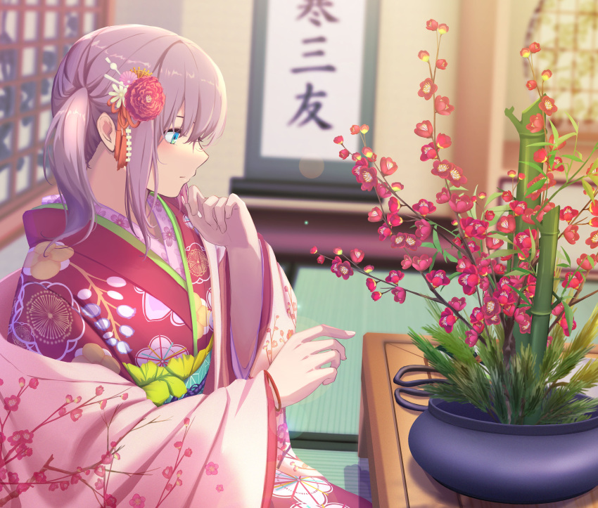 1girl 3_small_spiders absurdres ar-57_(girls'_frontline) ar-57_(with_the_three_friends_of_winter)_(girls'_frontline) bangs blue_eyes blush closed_mouth eyebrows_visible_through_hair floor flower girls_frontline hair_flower hair_ornament highres japanese_clothes kimono long_hair looking_away official_alternate_costume on_floor pink_hair pink_kimono profile side_ponytail solo table upper_body