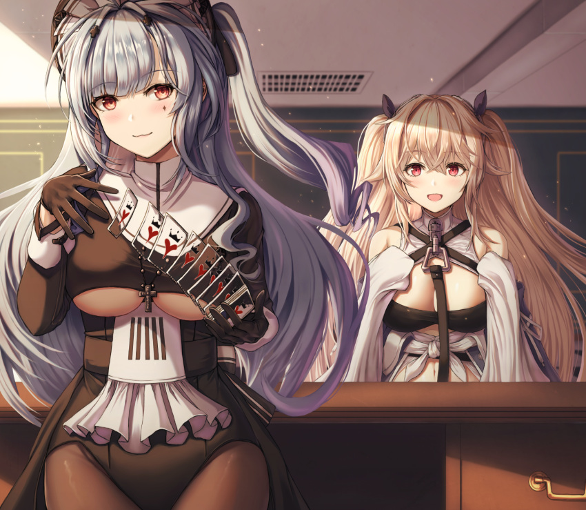 2girls :d anchorage_(azur_lane) azur_lane bangs bare_shoulders black_legwear blush breasts brown_hair buran_(22x) card crossed_bangs eyebrows_visible_through_hair grey_hair hair_ornament highres large_breasts long_hair long_sleeves looking_at_viewer marco_polo_(azur_lane) marco_polo_(the_queen_of_hearts)_(azur_lane) multiple_girls official_alternate_costume open_mouth playing_card red_eyes side_ponytail sleeves_past_fingers sleeves_past_wrists smile under_boob