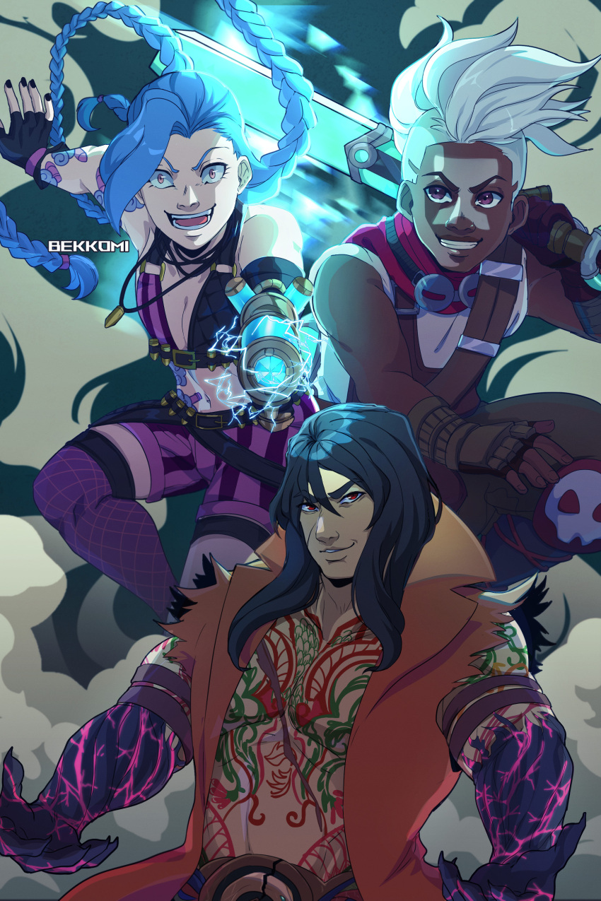 1girl 2boys :d absurdres arm_tattoo artist_name bangs bare_shoulders bekkomi black_hair black_nails breasts brown_gloves bullet_necklace character_request cloud_tattoo collarbone colored_skin dark-skinned_male dark_skin ekko_(league_of_legends) facial_tattoo fingerless_gloves gloves grey_hair grin gun highres holding holding_gun holding_weapon jewelry jinx_(league_of_legends) league_of_legends long_hair looking_at_viewer multiple_boys nail_polish navel necklace over_shoulder pink_legwear pink_shorts purple_skin shiny shiny_hair shorts small_breasts smile stomach striped striped_shorts tattoo teeth thigh-highs weapon weapon_over_shoulder